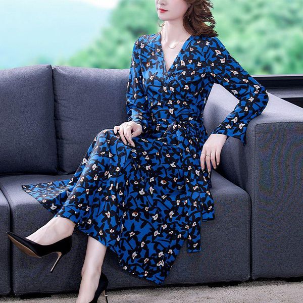 

casual dresses coigarsam women's autumn dress spring 2021 office lady french style print long sleeve silk v-neck blue traf robe, Black;gray