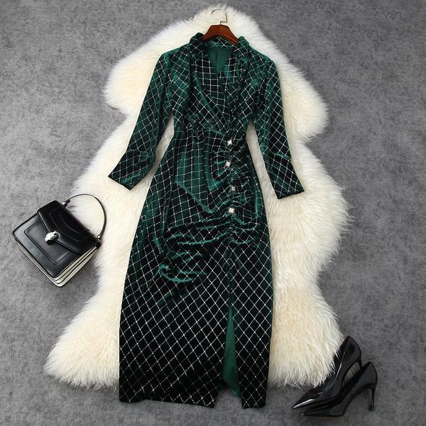 Vestidos casuais de passarela vintage de veludo verde para mulheres 2021 outono inverno elegante com lantejoulas manga longa vestido midi feminino