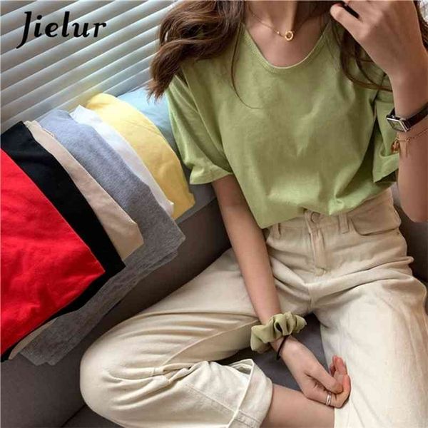 

summer solid color t-shirt women chic short sleeve green white black harajuku t-shirts female clothing tees  210426