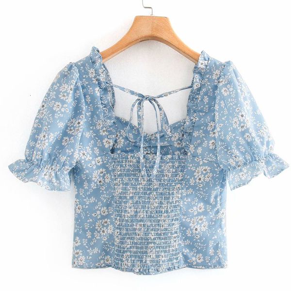 

leather summer women's short - sleeved blouses with square collars female tight fashion pastoral style floral pullover shirt, Black