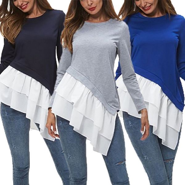 

women's t-shirt fashion women clothes long sleeve ruffle t shirts patchwork streetwear pullover loose comfortable crew neck shirts spri, White