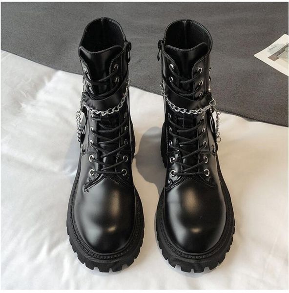 

boots 2021 autumn winter women chain ankle buckle strap square heel thick sole platform rock punk style shoes, Black