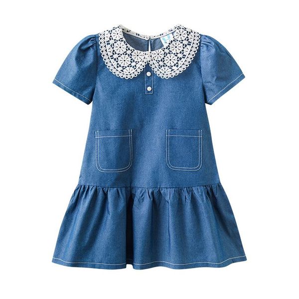 

girl's dresses teen girls denim dress for kids 2021 children summer clothes lace neck buttons ruffles jean pocket dress,#6036, Red;yellow
