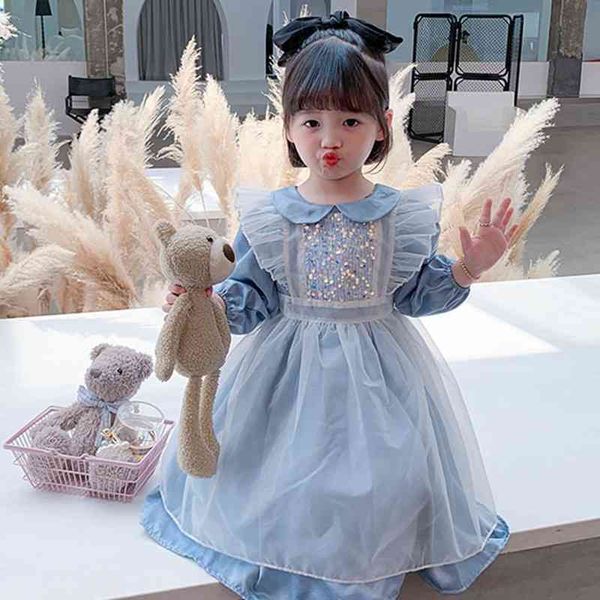 

girls' 2021 autumn new snow and ice exotic bubble sleeve princess dress ins style children's gradient two-piece set, Red;yellow