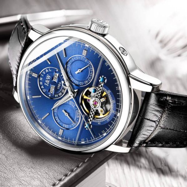 

carnaval mark man multi function automatic mechanical watch perpetual complete steel calendar sapphire luxury business luminaire, Slivery;brown