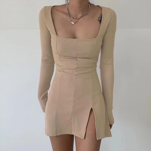 

side split square collar womens dresses long sleeve spring knitted bodycon party clubwear mini, Black;gray