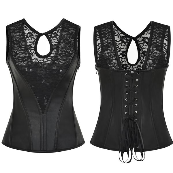 

woman bustiers black lace patchwork leather steampunk waist trainer corset vest gothic lace up zipper side corsets s-6xl plus size, Black;white