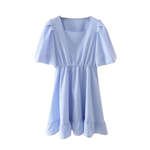 

puwd sweet women v neck draw back dress summer fashion ladies college style female blue check puff sleeve mini 210522, Black;gray