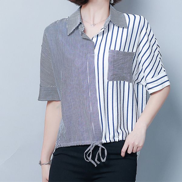 

korean chiffon women's shirt blouses for women short sleeve striped female polo neck patchwork ol 210427, White