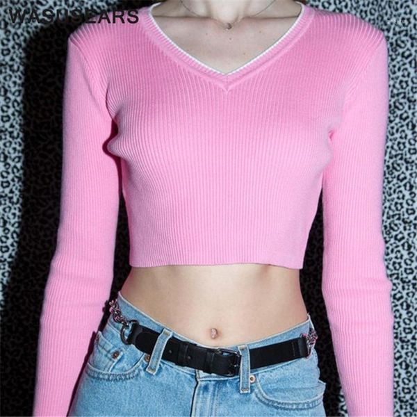 

women's sweaters cotton sweater long sleeve pullover crop knitted women v neck pink cropped korean cute casual, White;black