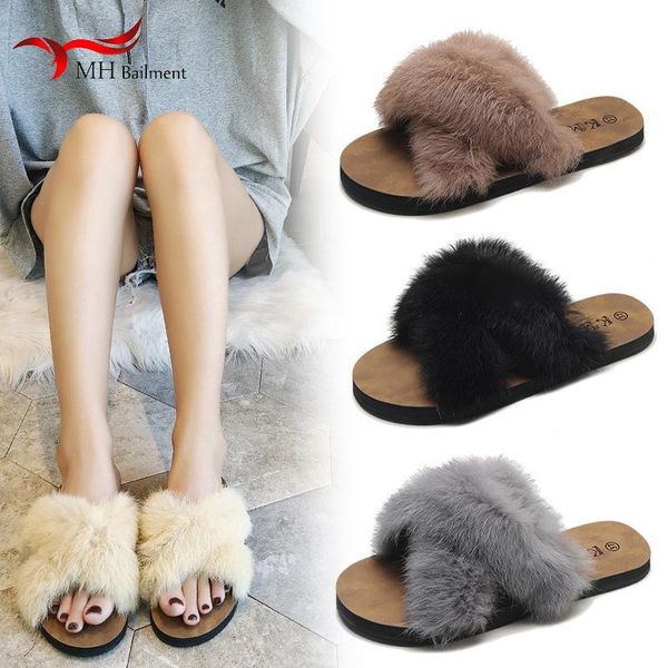 

female plush slippers summer flat bottomed faux fur women household sandals flip flops shoese slides beach shoes, Black