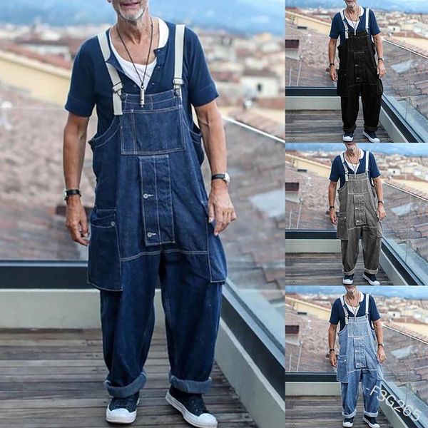

men large size loose overalls jeans long pants solid pockets denim bib jumpsuit siamese trousers not include the shirt men's, Black