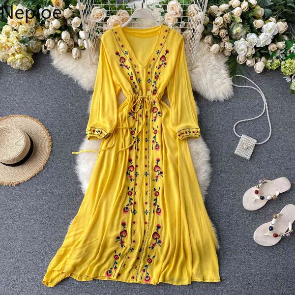 Neploe Boho V-Ausschnitt Stickerei Kleid Sommer Midi Lange Chiffon Party Kleider Casual A-Linie Strand Urlaub Elegante Vestidos 210423