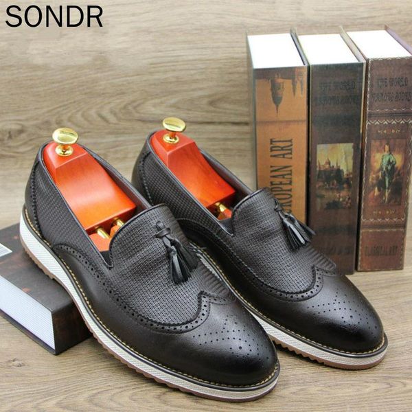 

dress shoes handmade men's loafers carved brock pointed men leather british gentleman tassel large formal, Black
