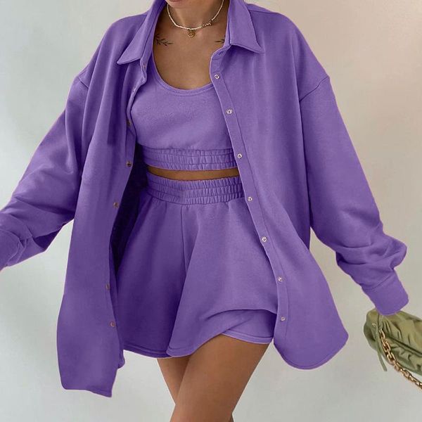 

women's tracksuits women casual outfits 3 pcs set solid strapless crop shorts shirt outwear matching elegant, Gray