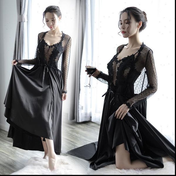 

sets pajamas dress with women sleepwear kimono robe white black pink silk stain lounge wear long sleeve sling nightgown, Black;red