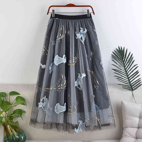 

skirts fairy sequins flowers embroidered a-line calf long mesh skirts, Black