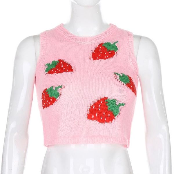 

women's vests women sweet strawberry knitted pink vest sleeveless o-neck slim sweater tank top, Black;white
