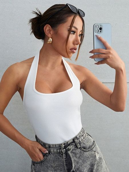 

solid rib-knit halter c91o#, White