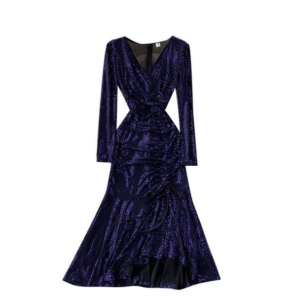 

casual dresses summer fashion temperament vestidos female high-quality sequins lrregular v-neck slim-fit fishtail mid-length dress, Black;gray