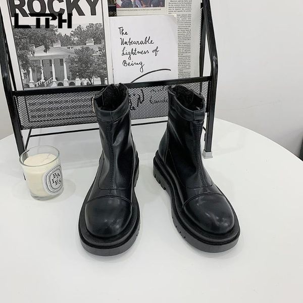 

boots lpth short 2021 autumn and winter fashion all-match thick-soled comfortable fat women's shoes, Black