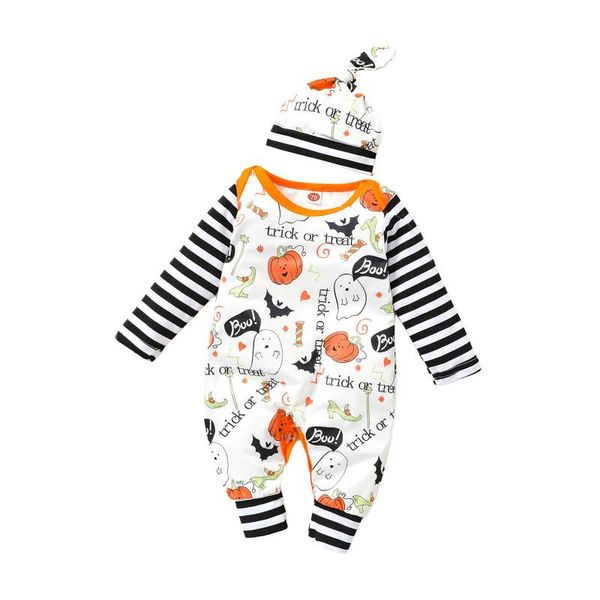 

jumpsuits 2pcs baby halloween outfit cartoon pumpkin ghost stripe long sleeves romper + knotted hat for toddler girls boys, Blue
