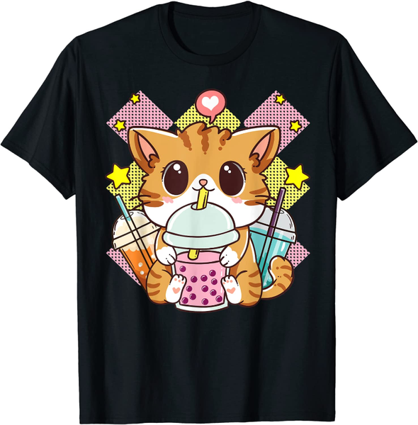 

men's t-shirts cute cat boba tea bubble anime kawaii t-shirt, White;black