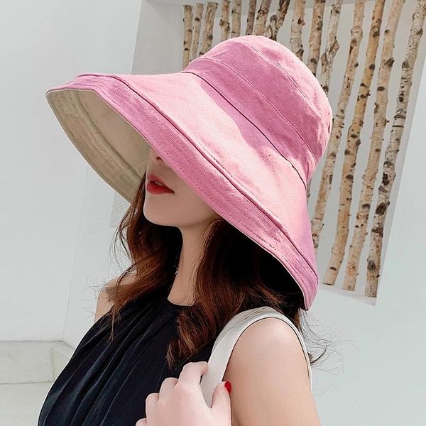 

wide brim hats 2021 anti-uv cotton linen sun hat for women vacation summer panama foldable bucket large korean beach, Blue;gray