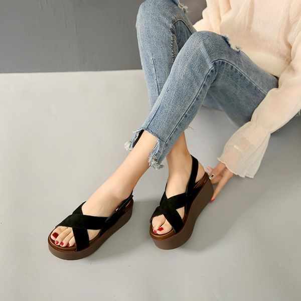 

sandals fashion women summer open toe shoes buckle strap platform solid cross-strap wedges bz6z, Black