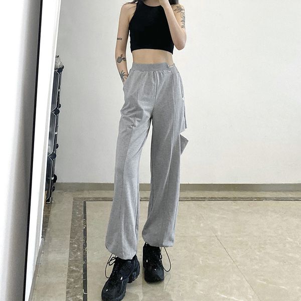 

pants trousers 2021 women's street p girl personality waist hollow chain hole leggings loose high, Black;white