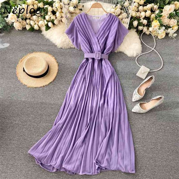 

neploe slim fit long chiffon pleated women dresses candy color elegant v-neck drawstring vestidos new french style dress 210423, Black;gray