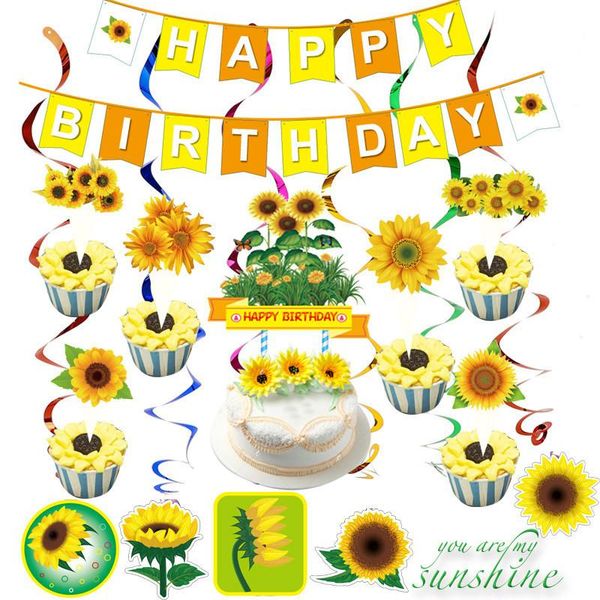 

party decoration sunflowers happy birthday banners spiral charm kids decorations baby shower sun flower paper flags garland tablecloth