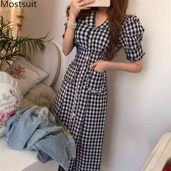 

summer vintage korean plaid long maxi dress women short sleeve single-breasted pockets fashion a-line dresses vestidos 210518, Black;gray