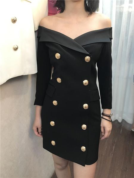 

2021 heavy industry handsome one-line neck strapless slim mid-length double-breasted suit dress casual dresses, Black;gray