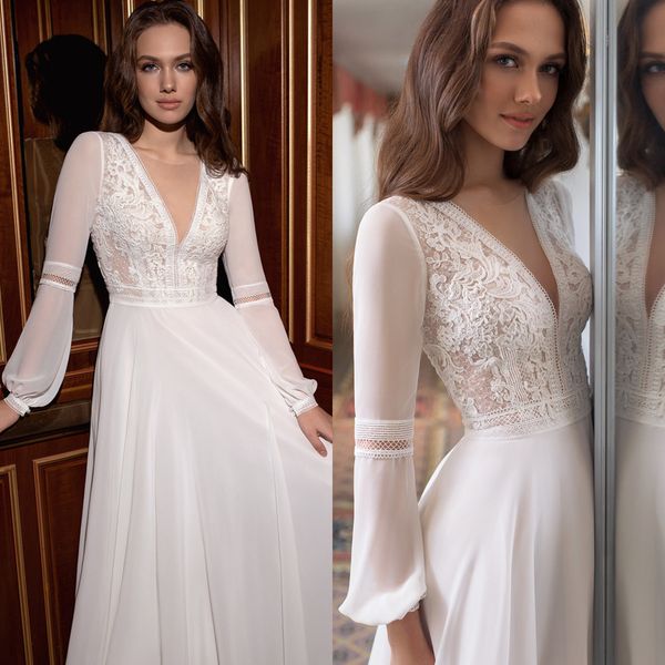 

beach wedding dresses v neck long sleeves chiffon bride dress simple boho bridal gown vestido de fiesta de boda, White