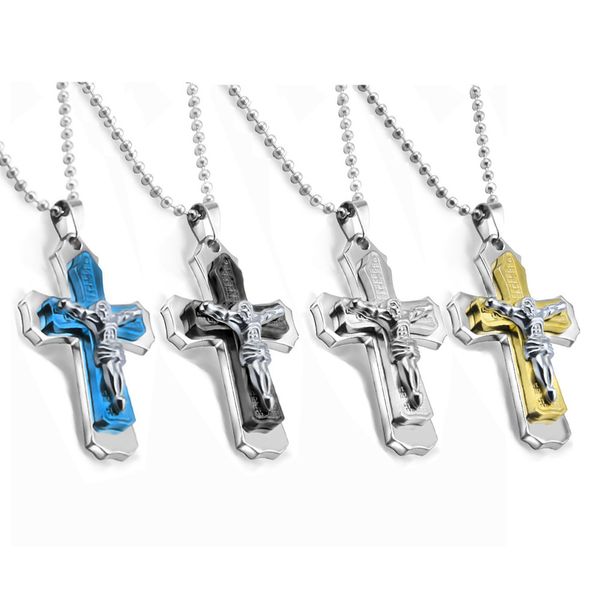 

design jewelry multilayer jesus men's cross necklace stainless steel jewelry multicolor bead chain, Silver
