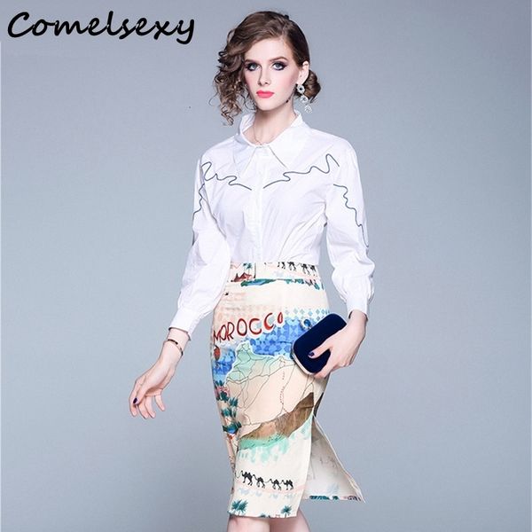 

autumn women's fashion suit white long sleeve embroidered shirt +map print package hip skirt two-piece sets suits 210515