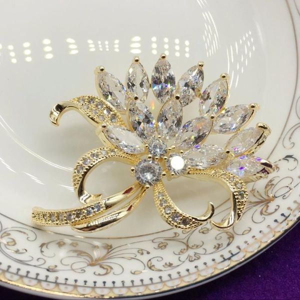 

pins, brooches bow shape zircon brooch women golden flower and pearl wedding bridal decoration, Gray