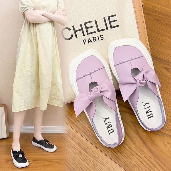 

slippers 2021 korean flat-bottomed lazy shoes candy color shallow mouth single women's sneakers soft cowhide bow square toe, Black