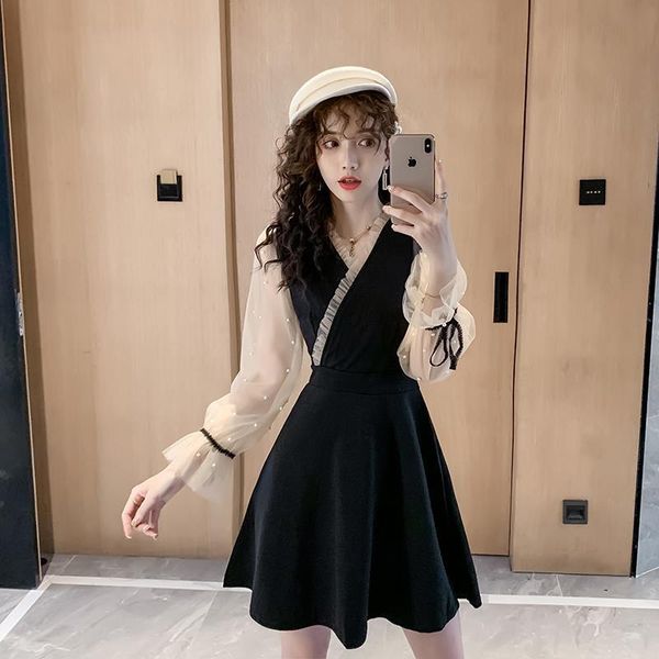 

womens dress solid autumn women one piece korean mesh patchwork slim long sleeve middle waist dresses black 5709, Black;gray