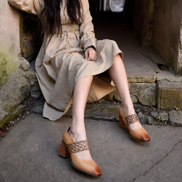 

dress shoes artmu original retro women genuine leather handmade high heels thick square toe slip-on women's pumps 1976-22, Black