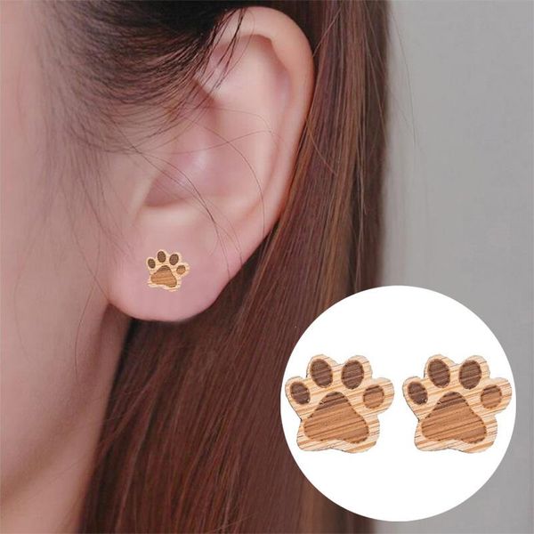 

paw stud earrings small wooden earring for women piercing jewelry, Golden;silver