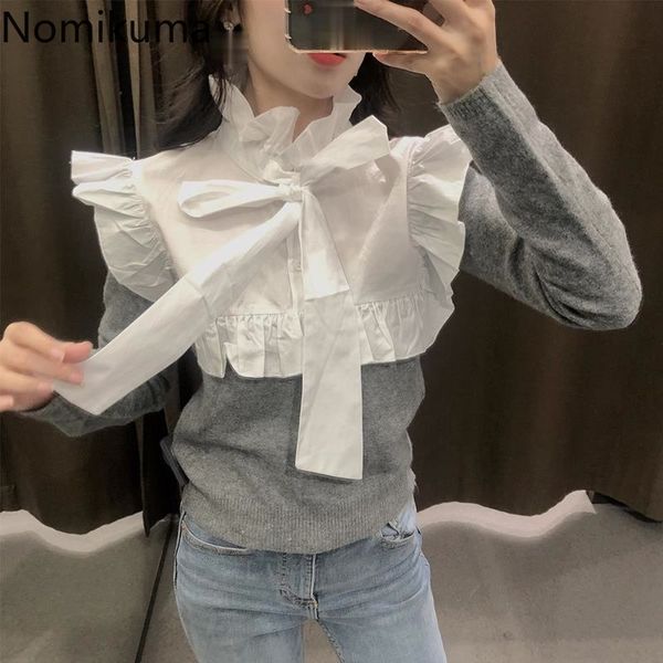 

nomikuma ruffle patchwork contrast color pullover bow knot collar long sleeve sweater jumper casual knitted pull femme 210514, White;black
