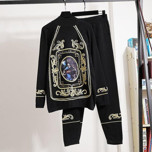 

women's two piece pants half high collar knit tracksuit set women fashion loose embroidery rivet print zipper cardigan sweater long out, White