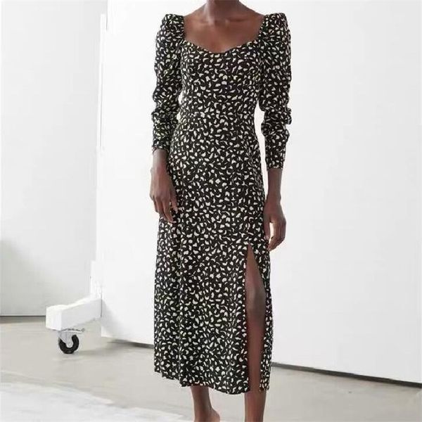 

summer women's casual printed square neck long sleeve slim dress vestidos 210430, Black;gray
