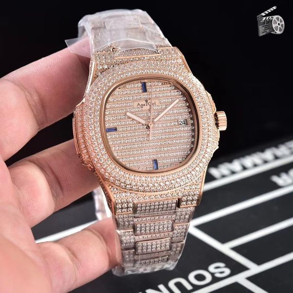 

wristwatches classic automatic mechanical men watch sapphire full iced diamonds transparent silver rose gold yellow sport, Slivery;brown