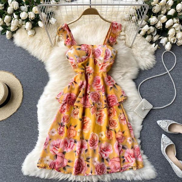 

casual dresses women's 2021 summer fashion temperament vestidos square collar holiday style printed sling slim midi dress dk884, Black;gray