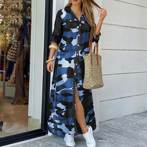 

ethnic clothing women's summer dress casual v-neck color matching button pocket long-sleeve shirt long maxi dresses for women vestidos, Red