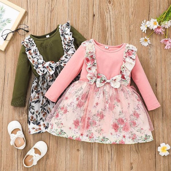 Mädchen Rose Blume Drucken Tüll Kleid Herbst 2021 Kinder Boutique Kleidung Koreanische 1-5T Kinder Lange Ärmel Baumwolle kleider