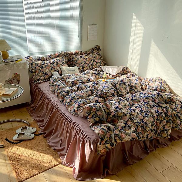 

3/4pcs 100% cotton quilt covers vintage roses bed set girls flowers duvet cover and pillowcases single  king size bedskirt bedding sets